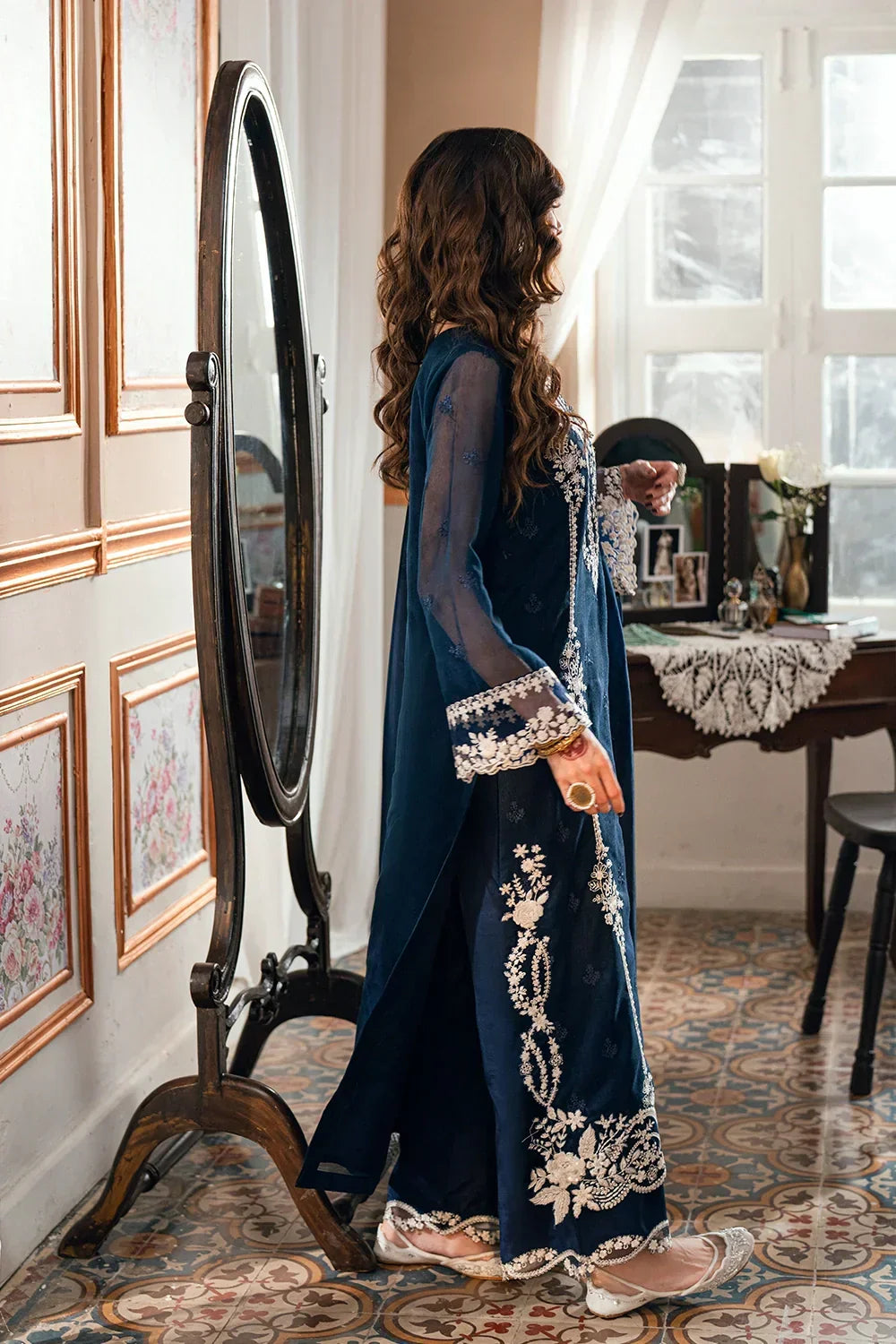 Navy Blue - Embroidered Chiffon Suit With Malai Trouser | Ready To Wear