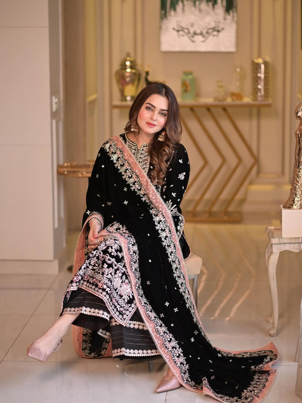 3 Piece Stitched Embroidery Velvet Suit - Ready To Wear